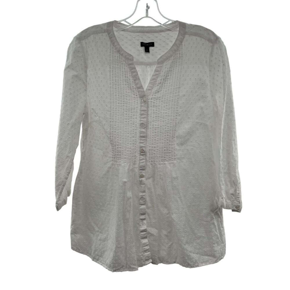 Talbots Womens Button Up Dotted Swiss Pleated Sheer Top White Size Small